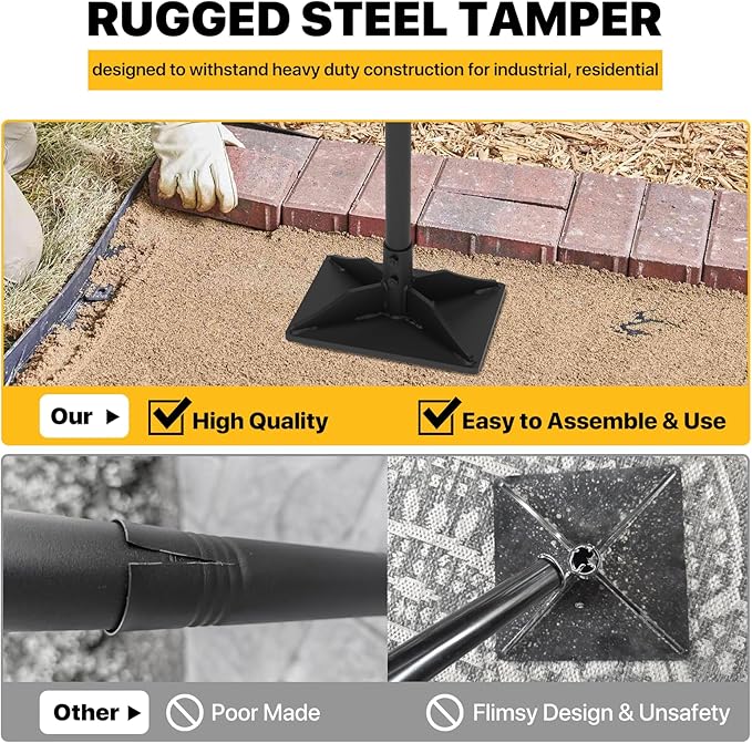 Steel Tamper Tool, Hand Tamper with Larger 8"x10" Rectangular Metal Tamper Head, 49 inch Long Handle Ground Tamper Tool for Dirt, Heavy Duty Garden Tamper for Soil, Landscaping, Black