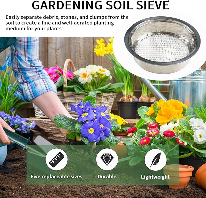 Soil Sifter Stainless Steel Rock Sifter with 5 Replaceable Mesh, Dirt Sifter for Gardening Compost Weed Sand Cat Litter Bonsai with Planting Mat,Shovel,Gloves