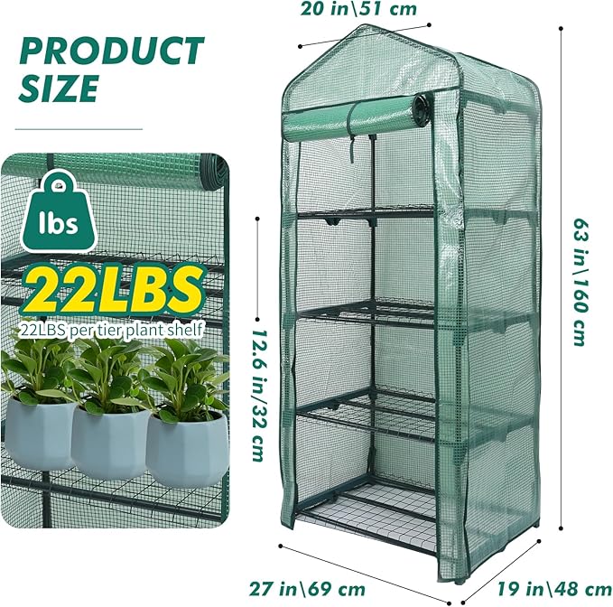 MaxWorks 4-Tier Portable Walk-in Greenhouse – 27" x 19" x 63" – Tall Mini Plant Grow House with Clear PE Cover & Steel Frame – Indoor/Outdoor Shelter for Seedlings, Herbs, or Flowers (51962)