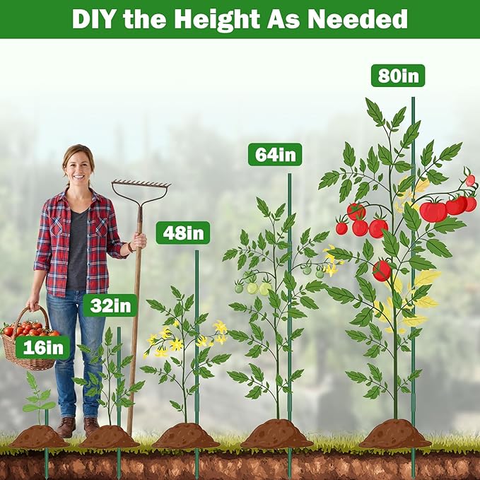Garden Stakes 40 Pack, 16 Inch Plastic Coated Metal Tomato Stakes, DIY 4ft 5ft 6ft 7ft Plant Support Stakes with 28 Connectors 28 Rotatable Clips 28 Plant Clips for Indoor Outdoor Vegetables