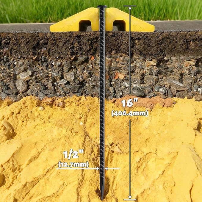 16 Inch Rebar Stakes - 1/2 Inch Diameter Galvanized Steel Ground Anchors Plant Support Metal Garden Stake Heavy Duty Anchoring Spikes for Speed Bump, Parking Curb and Camping Tent (10 Pack)