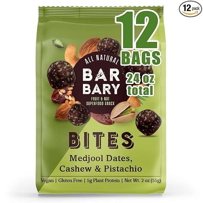 Fruit Nut Seed Healthy Snacks Pack, Cashew Pistachio Medjool Dates Bites, Vegan, Gluten Free, No Sugar Added Energy Bars, 12 Bags (2 oz each)