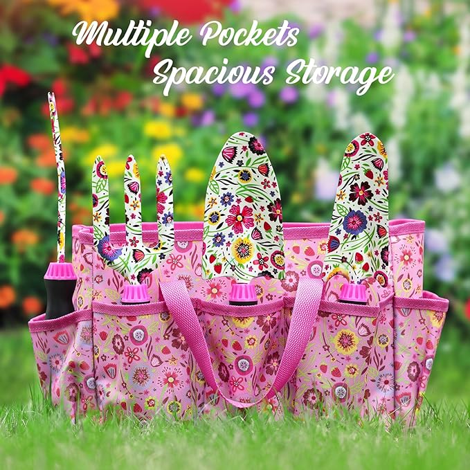 Housolution Gardening Tools Set, 10 PCS Stainless Steel Heavy-Duty with Non-slip Soft Rubber Handle with Large Garden Bag, Floral Pattern Gardening Tool Set Gifts for Women Birthday Mother's Day, Pink