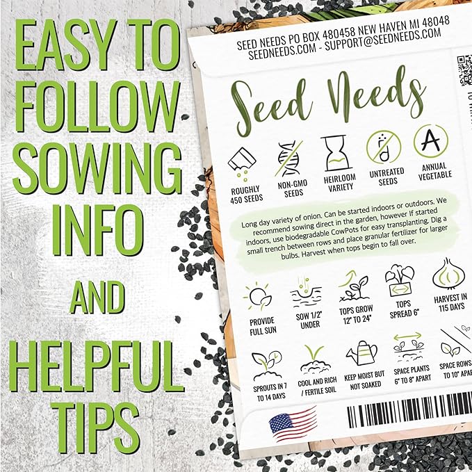 Seed Needs Onion Seeds for Planting Yellow Sweet Spanish Long Day Onions - Non-GMO Heirloom & Untreated Vegetable Seeds to Plant an Outdoor Home Grown Veggie Garden (2 Packs)
