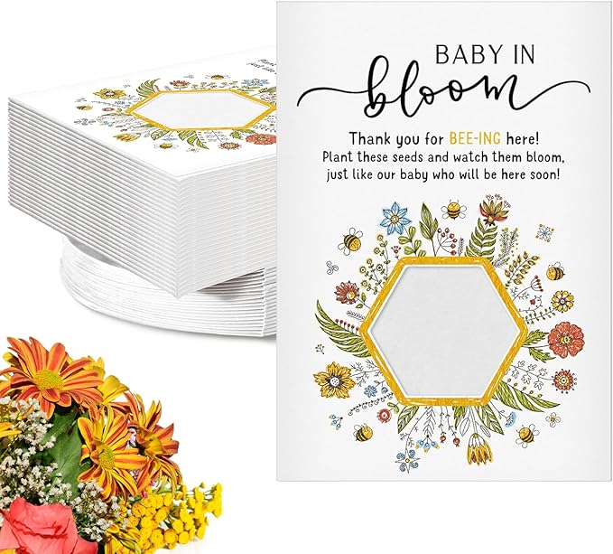 Fumete 50 Pack Baby in Bloom Seed Packets Baby Shower Party Favor for Guest Envelopes Kraft with Clear Window Resealable Seed Organizer Storage Bag for Gender Reveal Party, No Seeds(Bee)