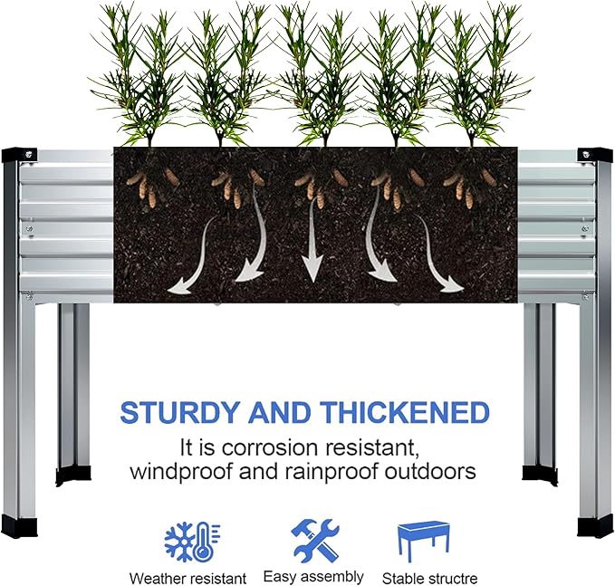 DIIYIV Galvanized Raised Garden Bed with Legs,48×18×30in Elevated Planter Box for Backyard,Outdoor Garden, Patio, Balcony, 300lb Capacity,Silver