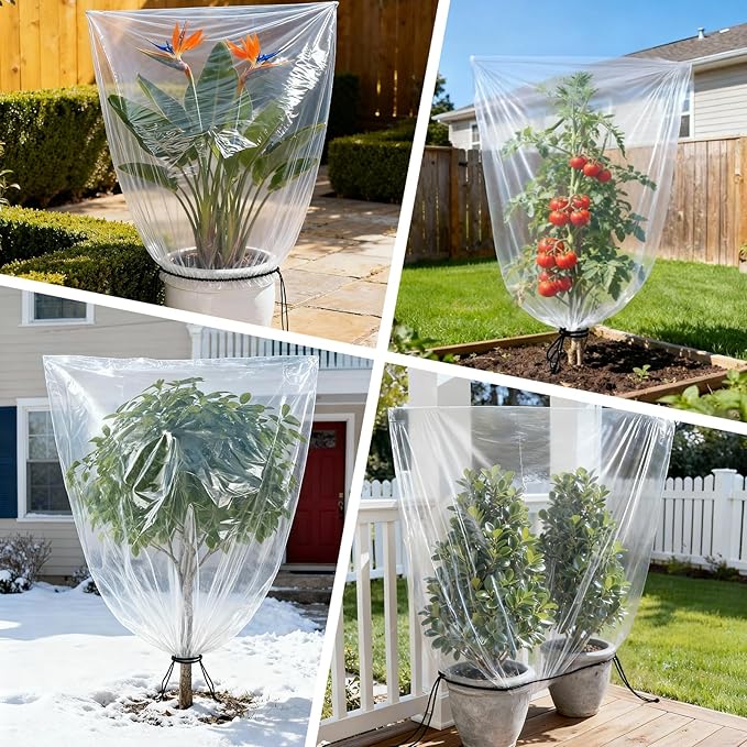2 Pcs Winter Plant Covers Freeze Protection with Drawstring, 31.5"x39.4" Clear Plastic Film Shelter Bags, Waterproof Plant Frost Protection Covers for Outdoor Garden Shrubs Crops