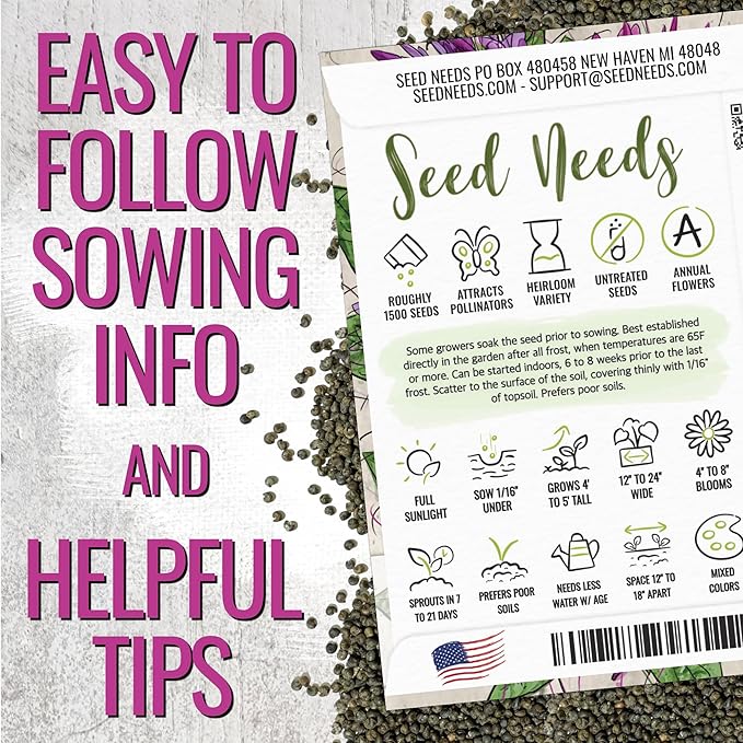 Seed Needs Cleome Seeds for Planting Spider Plants - Heirloom & Open Pollinated Wildflower Seeds to Grow a Butterfly Garden to Attract Pollinators (2 Packs)