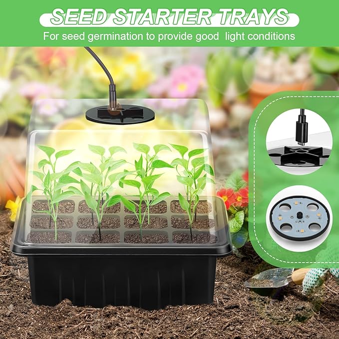 Lunies 6 Packs Seed Starter Trays with Grow Light, Seeding Starter Tray with Adjustable Humidity Dome, Base Indoor Greenhouse Germination Kit for Seed Growing Starting(12 Cells per Tray, Black)