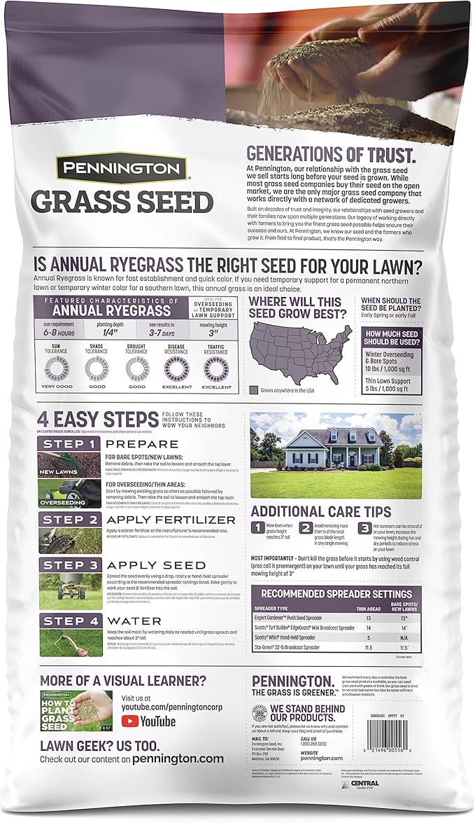 Pennington Annual Ryegrass Retail Bag to Overseed Warm Season Grasses, 25 lb