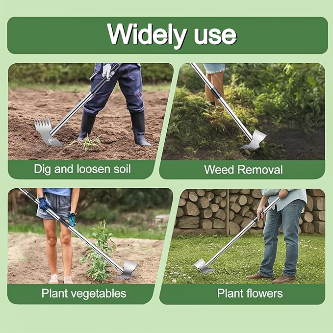 Weed Puller Tool with Long Handle, 60'' Manual Weed Puller Tool, Stainless Steel 2 in 1 Hand Weed Rake,Heavy Duty Garden Hoe for Gardening,Uprooting (Chrome(Stainless Steel), 60" Long Handle)