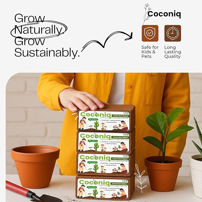 COCONIQ Premium Coco Coir Bricks 2 Pack - Lightweight Cocopeat for Garden Soil, Compressed Coconut Fiber Brick for Potting, Gardening, Planting, Seed Starting, Indoor & Outdoor Plants, Set of 2
