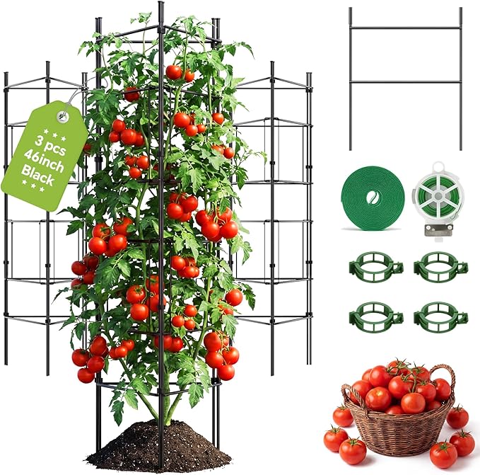 46 Inch Adjustable Metal Tomato Cage for Garden - 3 Pack Panel-Assembled Garden Trellis, Flexible Shapes Plant Support Set, Rustproof Stackable Trellis for Climbing Plants Outdoor, Raised Bed Flowers