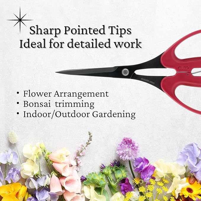 ALLEX Trimming Scissors for Gardening 7" - Japanese Floral Garden Scissors for Plants, Flowers, Herbs - Japanese Stainless Steel Blade with Non-Stick Coating - Spring Loaded Handle - Made in JAPAN