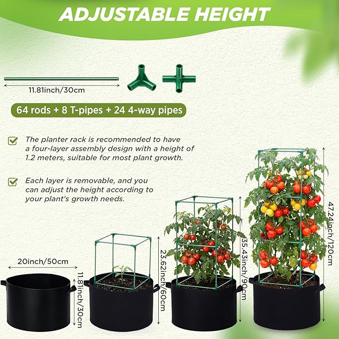 2 Packs Tomato Cages with Grow Bags 15 Gallon Planter Bags 48" Tomato Trellis for Garden Heavy Duty Plant Support Stakes for Vegetables Climbing Plants