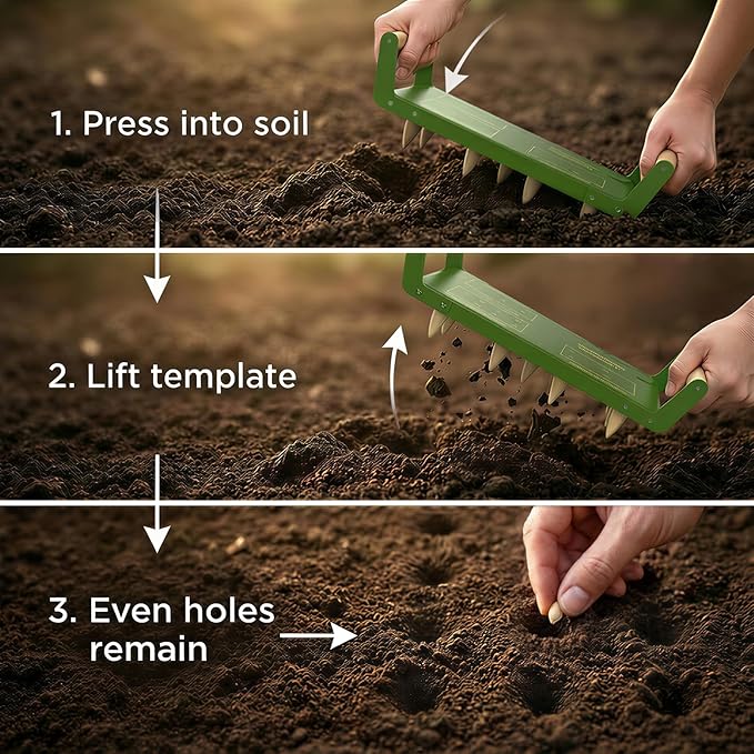 Seed Spacer Tool - Innovative Steel Gardening Template for Organized Planting & Bigger Yields – DIY Layout with Interchangeable Pegs, Ergonomic Wooden Handle