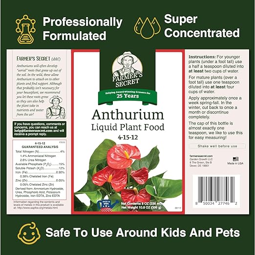 Farmer's Secret Anthurium Liquid Plant Food Fertilizer (8oz) - Super Concentrated - Promotes Growth and Flowering - 4:15:12 Ratio