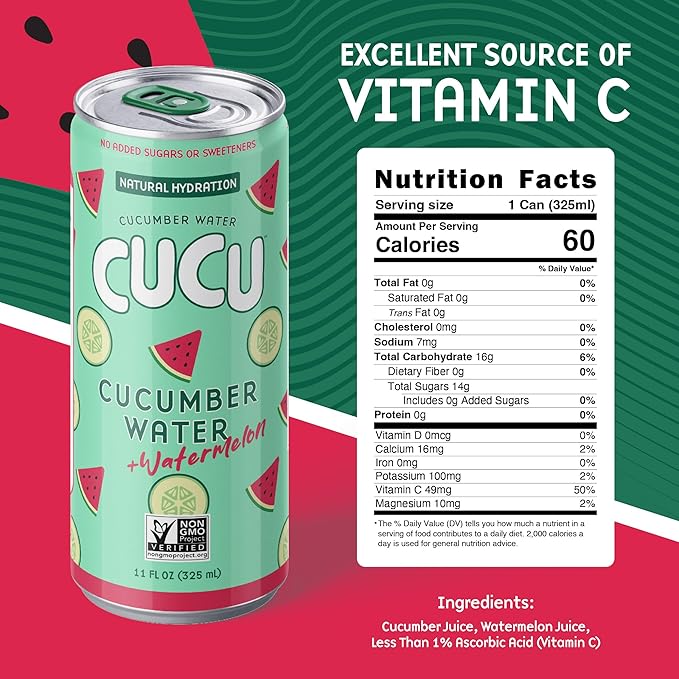 CUCU Cucumber Water + Watermelon Water – Natural Hydration from Cucumbers with Vitamin C, Electrolytes & Antioxidants – No Sugar Added, Non-GMO – 12 Pack, 11 fl oz Cans