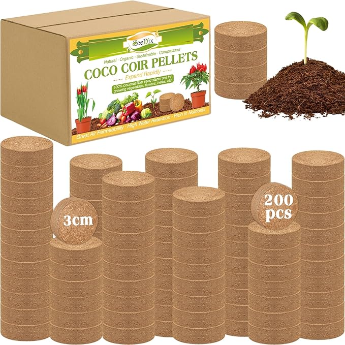 ZeeDix 200pcs 30mm Coco Coir Pellets Potting Soil, Organic Coconut Fiber Seed Starter Soil Pellets, Coconut Coir Soil Discs for Indoor Outdoor Plants, Herbs Houseplants Flowers Succulents Vegetables