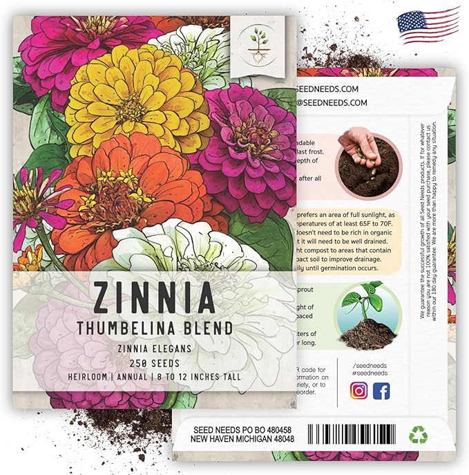 Seed Needs Thumbelina Zinnia Seeds for Planting - Heirloom & Open Pollinated Annual Dwarf Cut Flowers - Grow a Butterfly Garden to Attract Pollinators (1 Pack)