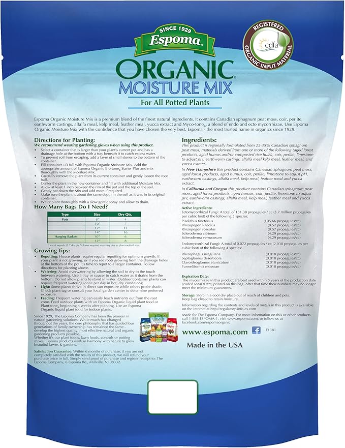 Espoma Organic Moisture Mix Potting Soil - All Natural Potting Mix for All Indoor & Outdoor Containers for Organic Gardening. 8 Qt. Bag Bag. Pack of 1