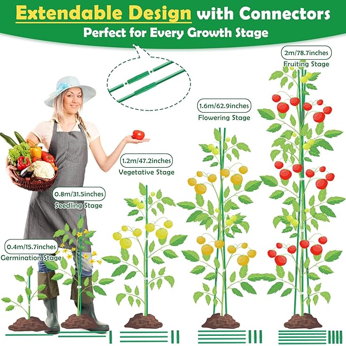 287 PCS Garden Stakes, Fiberglass Tomato Stakes, Garden Sticks with Accessories, 90 Sets DIY 4ft, 5ft, 6ft, 7ft Plant Stakes, Plant Sticks Supports for Indoor Outdoor Plants, Vegetables