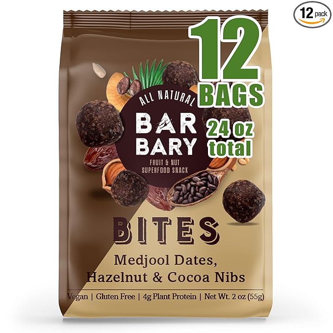 Fruit Nut Seed Healthy Snacks Pack, Hazelnut Cocoa Nibs Medjool Dates Bites, Vegan, Gluten Free, No Sugar Added Energy Bars, 12 Bags (2 oz each)
