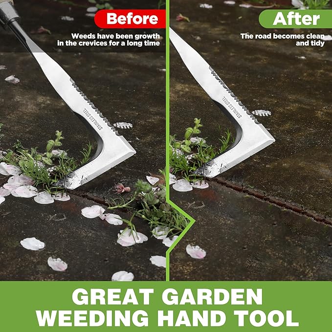 WORKPRO Crack Weeder, 12" Stainless Steel Crevice Weeding Tool with Ash Wooden Handle, L-Shaped Side-Walk Weed Puller Spatula, for Garden Lawn Yard Patio Terrace Paving Moss Garden Tool