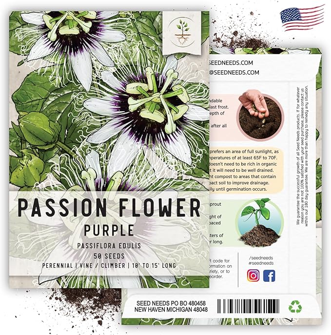 Seed Needs, Purple Passion Flower Seeds - 30 Heirloom Seeds for Planting Passiflora edulis - Annual Heirloom & Open Pollinated Vine/Climber Produces Exotic Blooms (1 Pack)
