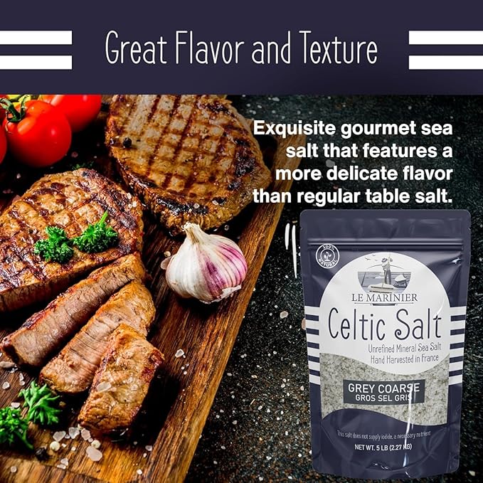 Le Marinier Celtic Salt Organic Grey Coarse, 5lb Mineral Rich 100% Natural and Unrefined French Sea Salt Organic. Hand Harvested Mineral Sea Salt, Sal Celtica Organica, Sel Gris (5lb Grey Coarse)