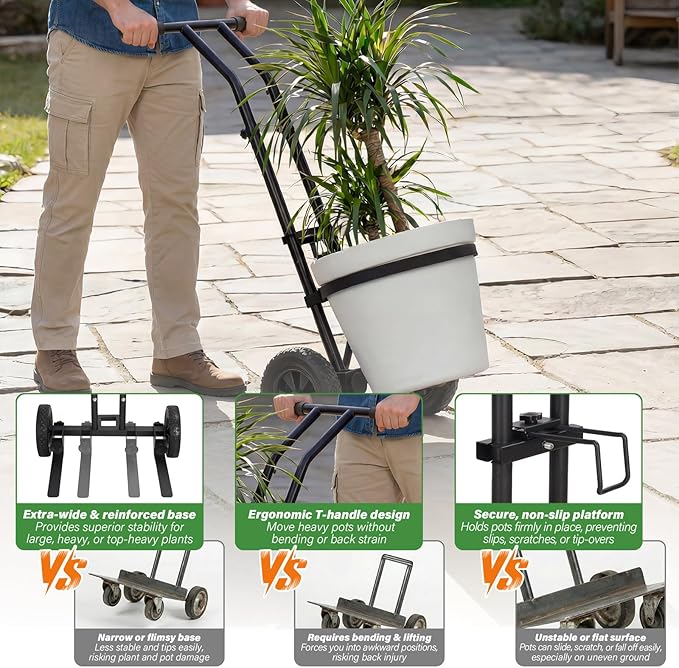 Adjustable Plant Caddy with Wheels, Heavy Duty Plant Dolly Cart w/Grab Arm and Strap Dual Protection, Garden Potted Plant Mover Dolly for Planter Flower Pots Indoor Outdoor, Supports 175lbs, Black