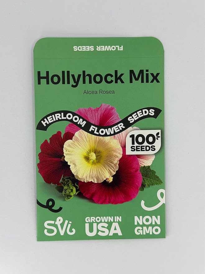 SVI 100 Mix Hollyhock Seeds (Alcea rosea) - Mallow, Common Hollyhock Seed Packets, Attracts Hummingbirds - Heirloom Flower Seeds for Outside & Inside, Meadows, Fences, Beds