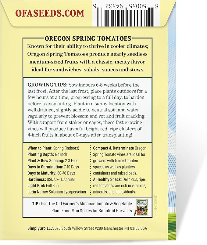 The Old Farmer's Almanac Heirloom Oregon Spring Tomato Seeds - Non-GMO, Open Pollinated (1 Packet - 500 MG - Approx 150 Seeds)