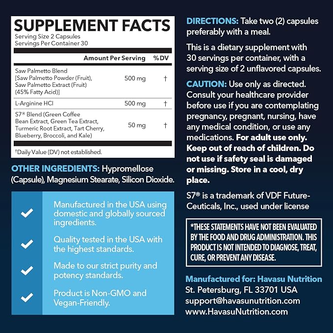Saw Palmetto 500mg and L-Arginine 500 mg - Prostate Health and Nitric Oxide Supplements for Men - 60 Count - Urinary Function Support and Endurance for Active Males - Vegan, Non-GMO, 1 Month Supply
