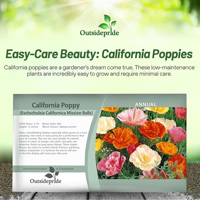 Outsidepride Mission Bells California Poppy Seed Mix - 10000 Pcs Annual Eschscholzia Wildflower Seeds w/Double Bi-Colored Blooms for Colorful Gardens, Borders, Meadows & Pollinator-Friendly Spaces