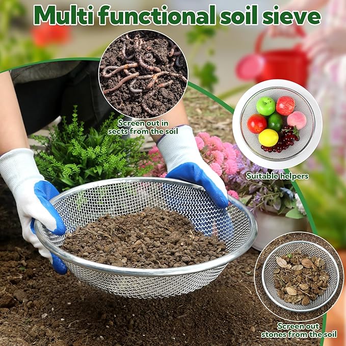 3PCS Soil Sifter for Gardening, Rock Sifter for 5 Gallon Bucket, Compost Dirt Sieve Set with Gloves – Filters Soil, Sawdust, Pebbles, Debris
