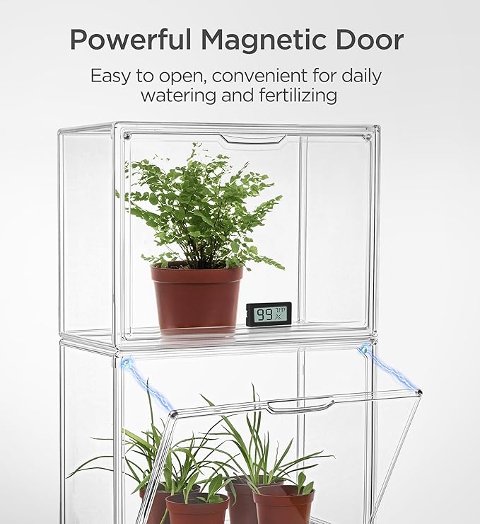 HBlife Mini Greenhouse for Indoor, Clear Stackable Green House with Magnetic Waterproof Door for Small Plants Nursery Germination, Tabletop Portable Greenhouse, 14.1x8.6x10.6 Inch (2 Pack)