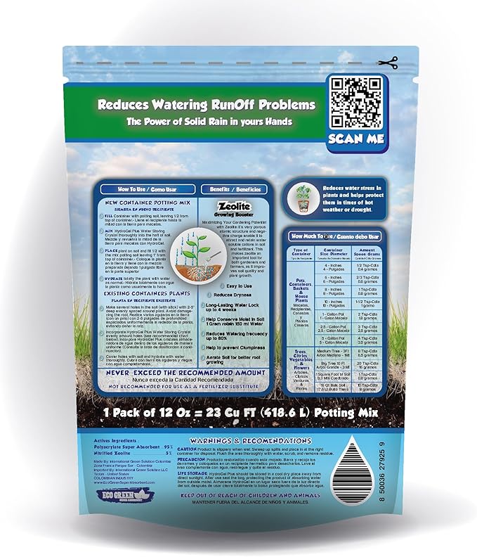 HidroGel Plus Water Storing Crystal Soil Additive With Zeolite Growing Booster, 1 Pack of 12 Oz for 23 CuFt Soil, Helps Prevent Over & Underwatering and Reduce Water Stress for Indoor & Outdoor Plants