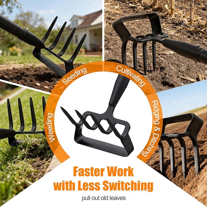 Garden Hoe, 72 Inch Soil Tiller Cultivator Stirrup Hoe, Heavy Duty 2-in-1 Garden Tool with Adjustable Long Handle, Action Scuffle Loop Hoe with Rake for Flower Beds, Garden Loosening Weeding Digging