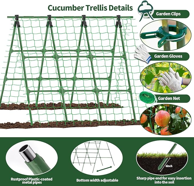 A-Frame Cucumber Trellis for Raised Bed - 47 x 47in, Heavy-Duty Detachable Garden Trellis with Netting & Clips, Support for Climbing Outdoor Cucumber, Tomatoes, Luffa, Bitter Melon, Vining Flowers