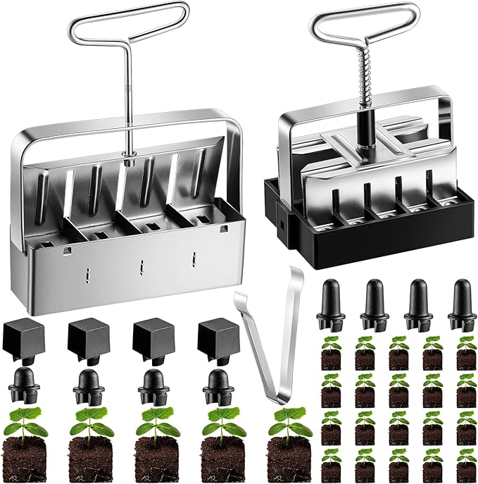 2 Pcs Soil Blocker Set Includes 2 Inch 4 Cell Soil Block Maker and 3/4 Inch 20 Cell Seed Block Maker with Seed Pins Handheld Soil Blocking Tools for Greenhouse Garden Farm Seed Starting