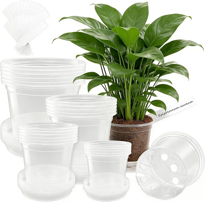 24 Packs Clear Nursery Pots for Plants with Saucers, 7/6/5/4 Inch Plastic Flower Pots with Drainage Hole, Variety Pack Seedlings Plant Pot with 24 Plant Labels