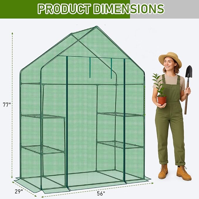 Outvita Walk-in Greenhouse, Outdoor Durable PE Plant Green House for Frost Protection with 3 Tiers 4 Shelves, Shelf Clips, Roll-up Zipper Door, 56"x29"x77" Green