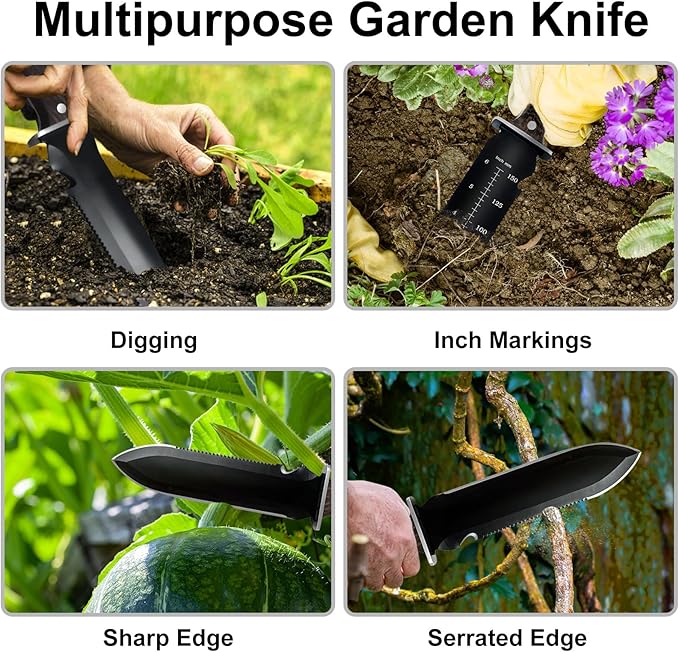 Garden Trowel Hand Shovel for Gardening, Hori Hori Garden Knife for Weeding Planting Digging | 7" Stainless Steel Blade | Oxford Sheath | Walnut Wood Handle