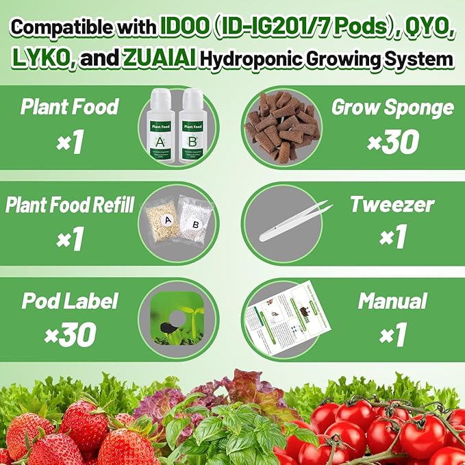 Bigmeta Hydroponics Pods Kit Compatible with IDOO/QYO/LYKO/ZUAIAI, 30 Pcs Square Seed Grow Sponges with A&B Solid Plant Food, for Hydroponics Growing Plants System