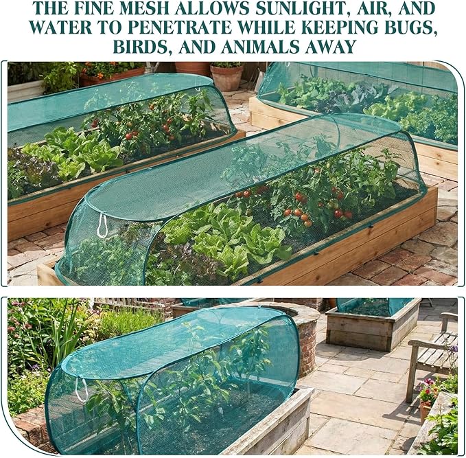 4 Pcs 45'' x 20'' x 18'' Pop up Garden Mesh Plant Cover Outdoor Plant Protector Garden Row Raised Bed Cover with Ground Nails Crop Cage Net for Seedlings Vegetable Fruit Herbs (Dark Green)