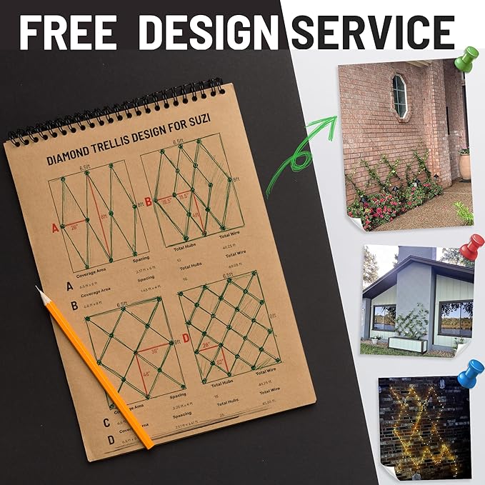 Wire Trellis for Climbing Plants Outdoor, 12-Set Wall Wire Trellis Kit with 1/8in x 53ft Stainless Steel Cable, T316 Cylindrical Espalier System for Fence and Garden DIY Projects