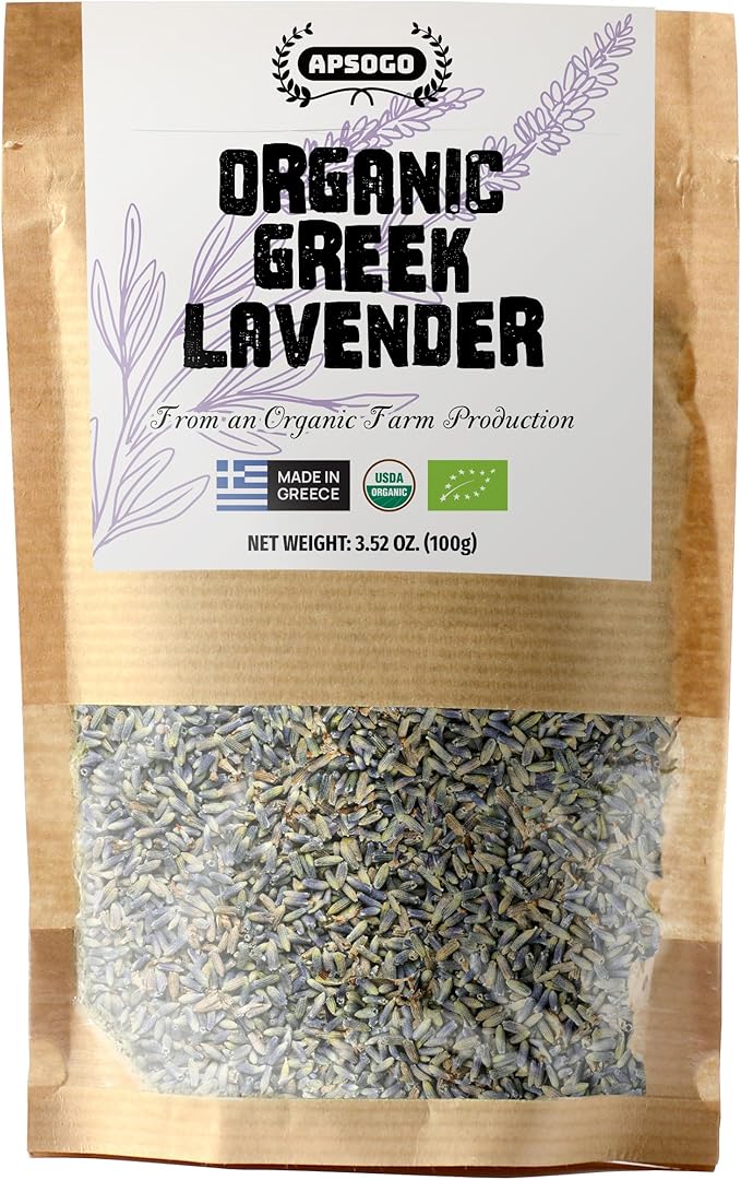 Apsogo Organic Greek Lavender – Premium Dried Flowers (3.52 oz), Organic Herbal Lavender Tea & Culinary Use, Whole Buds in Resealable Pouch