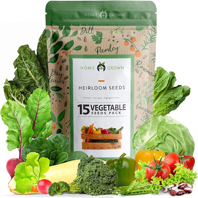 HOME GROWN Premium Heirloom Vegetable Seeds - 15 Varieties Non GMO Seeds for Planting - Garden Seeds Variety Pack with 7000+ Seeds for Indoor & Outdoor Growing - Vegetables Seeds for Home Garden