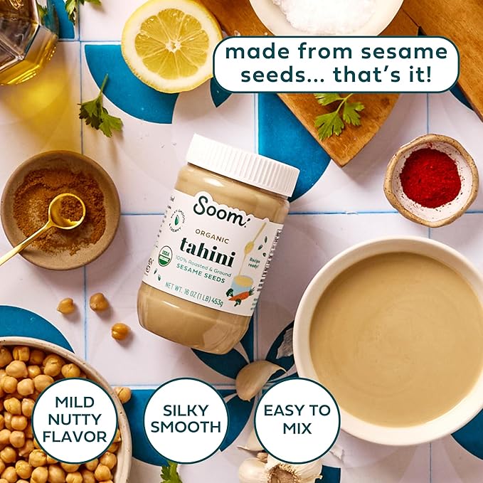 Soom Foods Organic Tahini 16oz (1 Pack) | Roasted & Ground Sesame Seed Paste | Creamy Tahini for Dubai Chocolate, Hummus, Sauces | Vegan, Nut-Free, Gluten-Free, Kosher, Keto, Paleo, Whole30